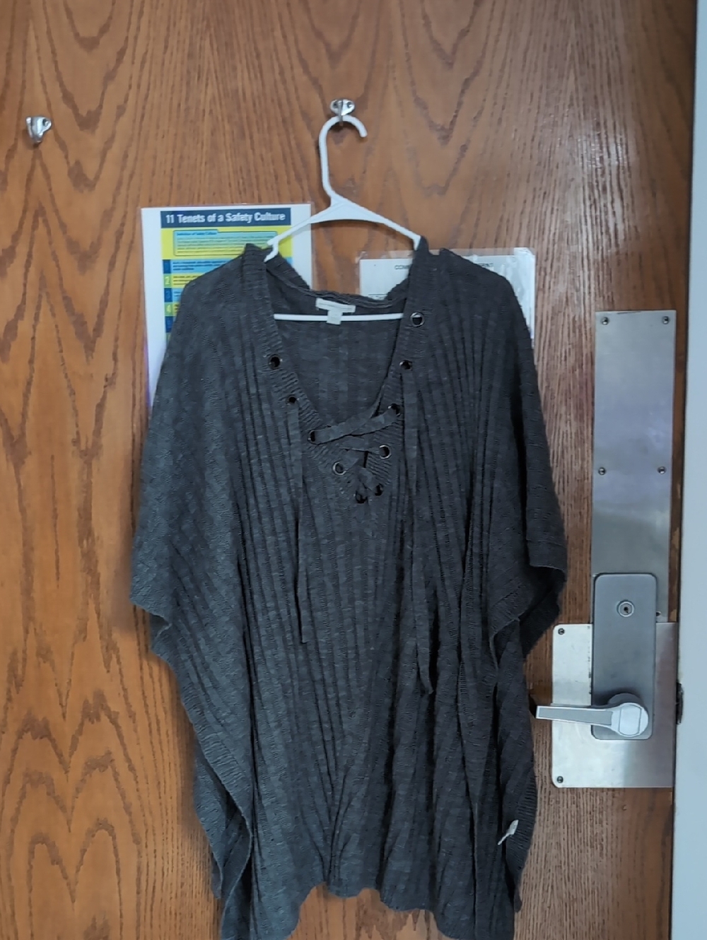 New York & Company Gray Ribbed Knit Poncho with Lace-Up Detail